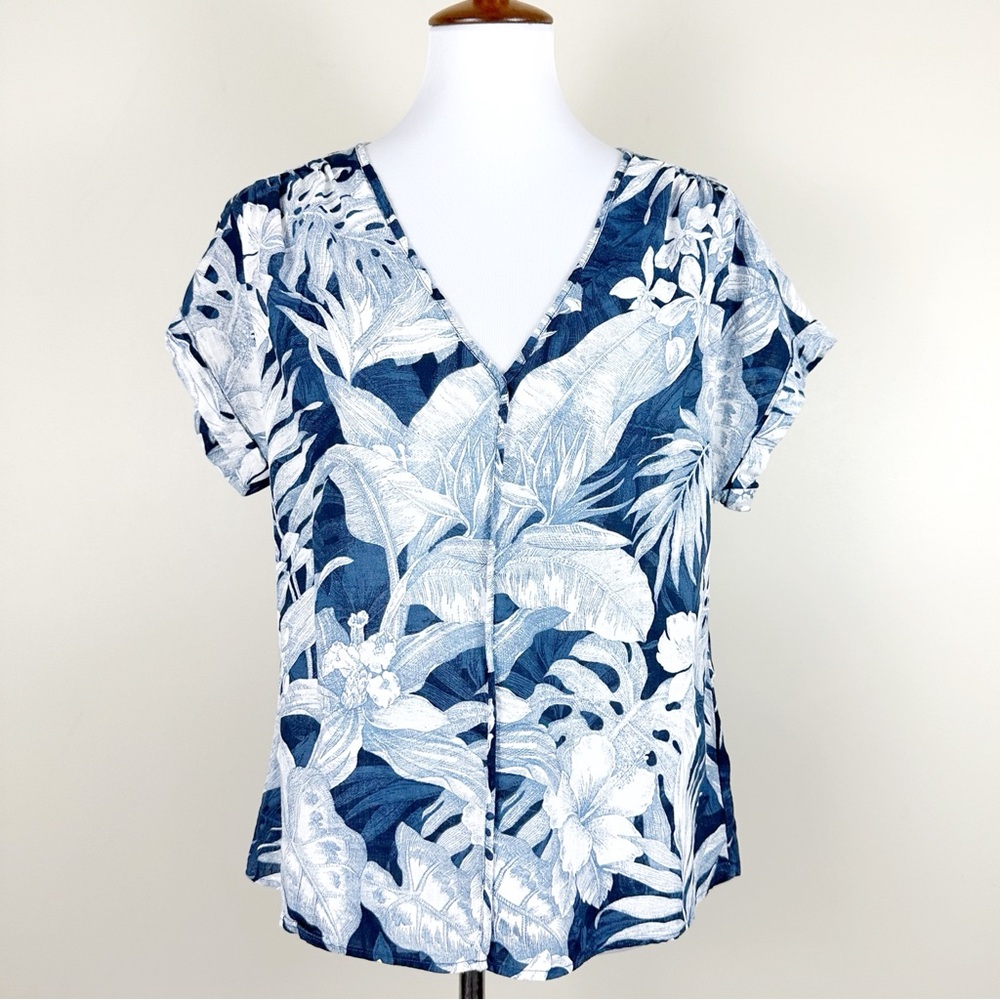 H&M Toile Botanical Linen Top Small Blue Floral Short Sleeve Cuffed De Jouy